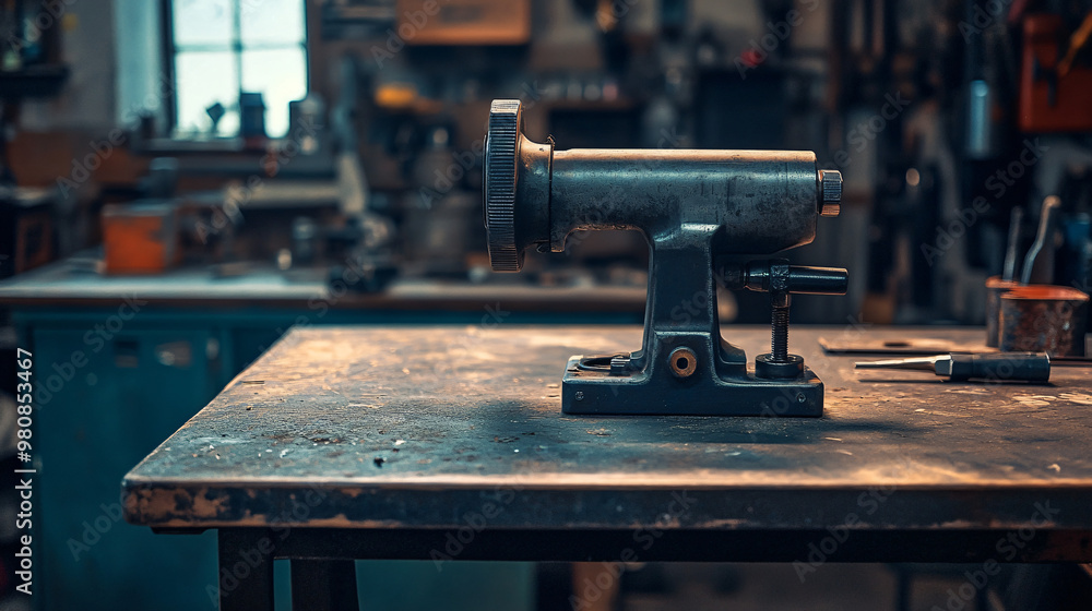 Fototapeta premium Old metal tool is resting on a workbench in a workshop, with various other tools in the background