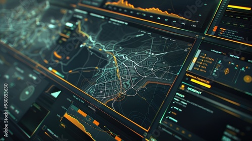 A futuristic digital interface displaying real-time crime prediction data, with a map showing high-risk areas and crime trends. photo