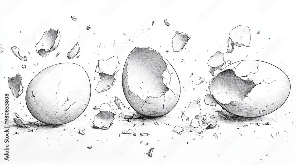 Detailed black and white sketch of eggs and scattered eggshell fragments Detailed black and white sketch of eggs and scattered eggshell fragments