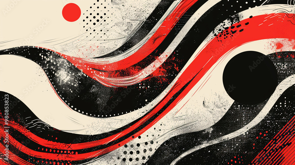 Bold abstract patterns intertwine in red and black waves with dynamic movement elements Bold abstract patterns intertwine in red and black waves with dynamic movement elements