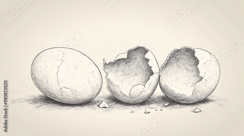 Black and white sketch of eggs and broken eggshells on a light background