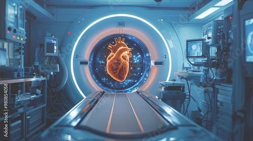 A medical body scanner with a glowing heart shape in the center.