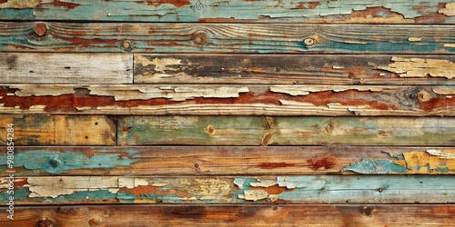 Weathered wood wall showcases intricate peeling paint patterns, evoking a unique abstract art piece reminiscent of rolling hills and earthy textures in muted colors. photo