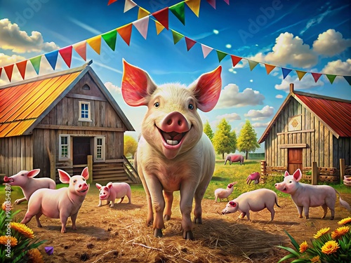 Vibrant farm scene featuring a joyful pig surrounded by animal friends, celebrating its special day amidst a barn adorned with bright, festive bunting decorations. photo