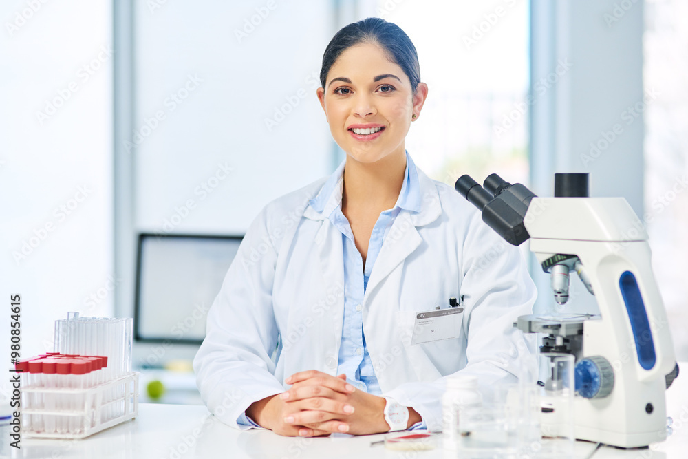 Woman portrait, scientist and microscope for experiment in laboratory, analysis and medical research. Female person, biology doctor and equipment for development, study and science test for cure Woman portrait, scientist and microscope for experiment in laboratory, analysis and medical research. Female person, biology doctor and equipment for development, study and science test for cure