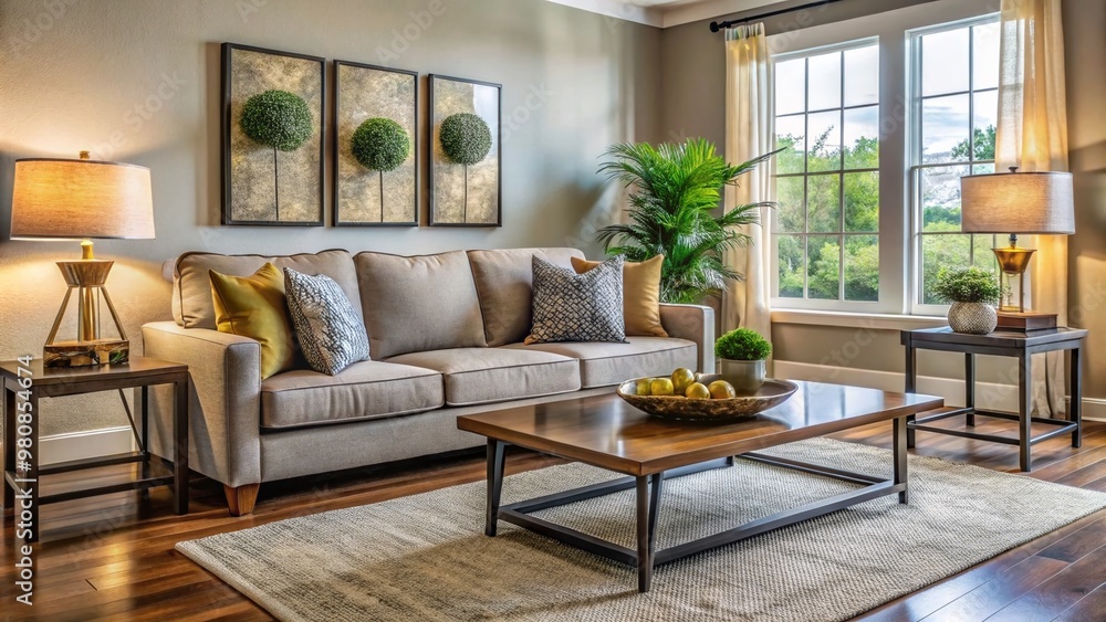 Cozy living room with modern, budget-friendly furnishings, including a sleek sofa, coffee table, and lamp, in a Cozy living room with modern, budget-friendly furnishings, including a sleek sofa, coffee table, and lamp, in a