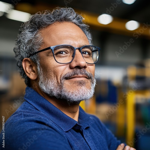 A business owner looking proudly at a bustling factory floor, indicating successful funding utilization