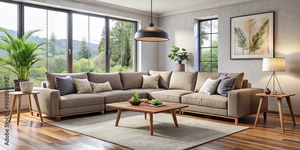 Cozy living room with perfectly arranged furniture, including a sectional sofa, coffee table, and floor lamp, Cozy living room with perfectly arranged furniture, including a sectional sofa, coffee table, and floor lamp,