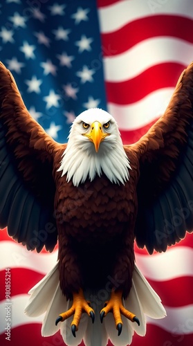 American Bald Eagle Soaring flying over an America flag for U.S events, elections, voting or any American political event, vertical orientation. photo