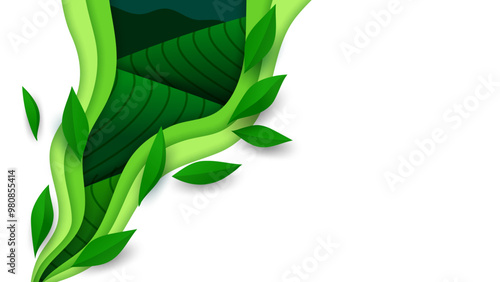 Paper cut tea plantations featuring 3d layered frame with vibrant green leaves and lush tea plantation field hills foliage. Vector natural and eco-friendly theme of agriculture, environment and nature