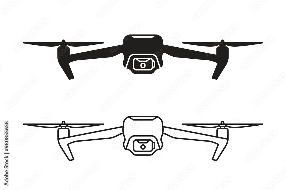 Illustration of two quadcopters with cameras: one solid black, the other in the form of an outline drawing. Illustration of two quadcopters with cameras: one solid black, the other in the form of an outline drawing.