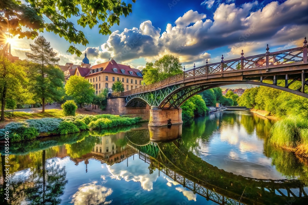 Vibrant cityscape with a serene river, ornate iron bridge, and lush greenery, evoking a sense of tranquility and beauty in a warm, sunny afternoon atmosphere. Vibrant cityscape with a serene river, ornate iron bridge, and lush greenery, evoking a sense of tranquility and beauty in a warm, sunny afternoon atmosphere.