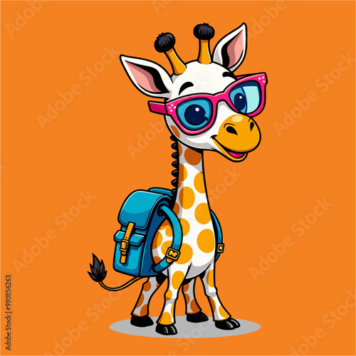 Vector & PNG a happy Giraffe with Funny Glasses with bagpack preparing to go to School and doing Dabbing dance