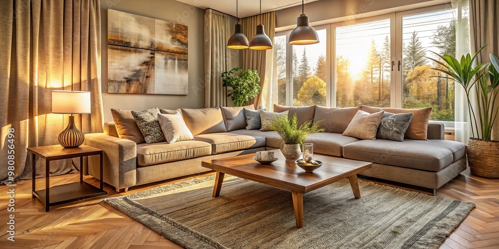 Cozy modern living room with plush sectional sofa, natural wood coffee table, and decorative vases, illuminated by Cozy modern living room with plush sectional sofa, natural wood coffee table, and decorative vases, illuminated by