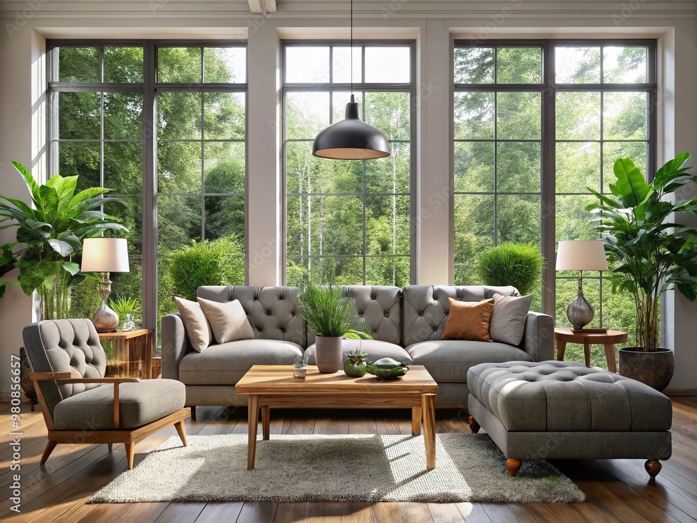 Cozy modern living room with sleek gray sofa, tufted ottoman, and rustic wooden coffee table, surrounded by large Cozy modern living room with sleek gray sofa, tufted ottoman, and rustic wooden coffee table, surrounded by large