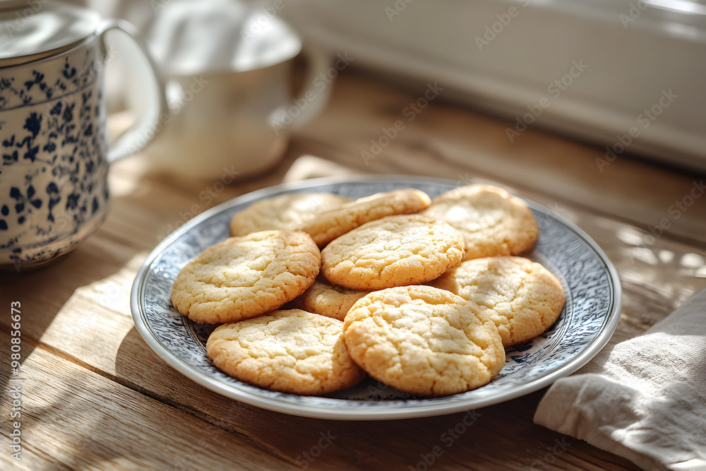 Plate of freshly baked cookies, rustic wooden table, dappled sunlight streaming through a window Plate of freshly baked cookies, rustic wooden table, dappled sunlight streaming through a window