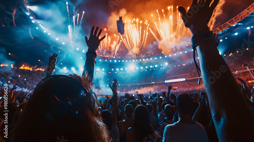 A live event, such as a concert or halftime show, taking place at a sports stadium. A large crowd of people cheering and enjoying the event. Spectacular fireworks or pyrotechnics illuminating 