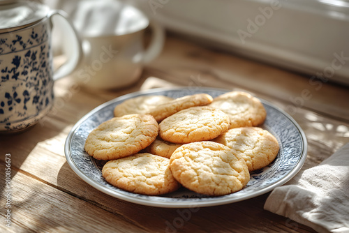 Plate of freshly baked cookies, rustic wooden table, dappled sunlight streaming through a window