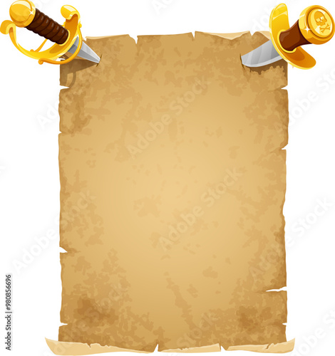Pirate vintage scroll paper with daggers stuck in it. Cartoon vector old parchment, corsair treasure map template with a weathered texture, pierced by two golden-handled dirk blades at the top corners