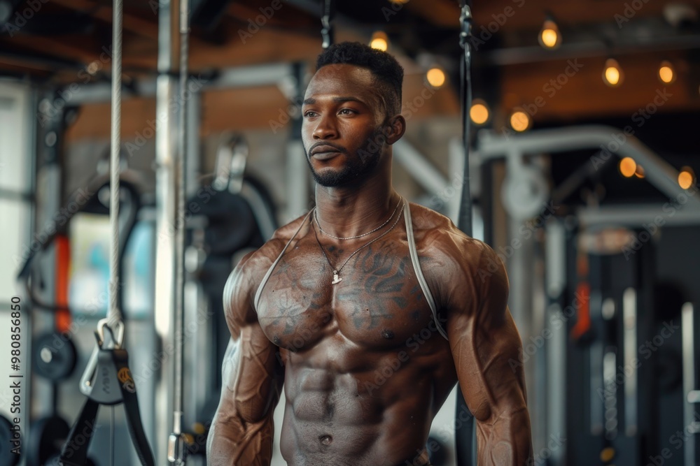 Muscular Man Working Out with Cable Machine in Modern Gym Muscular Man Working Out with Cable Machine in Modern Gym