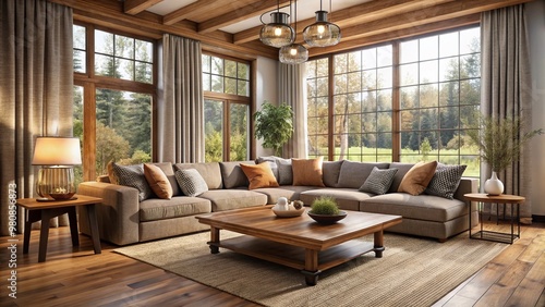 Cozy modern living room with sleek sectional sofa, rustic wooden coffee table, and large window with flowing curtains,