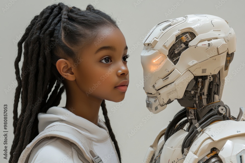 Young girl faces humanoid robot capturing the emotional depth and potential of AI in human interaction blending advanced robotics with human empathy Young girl faces humanoid robot capturing the emotional depth and potential of AI in human interaction blending advanced robotics with human empathy