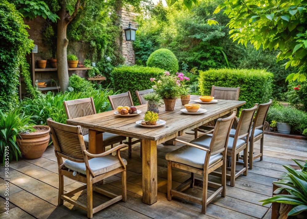 Cozy outdoor dining set with weathered wood table and chairs, surrounded by lush greenery Cozy outdoor dining set with weathered wood table and chairs, surrounded by lush greenery