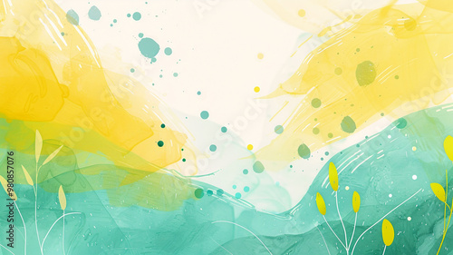 Soft brush strokes blend yellow and teal, evoking tranquility in the art piece