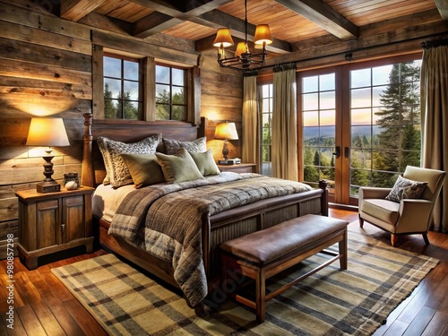 Cozy rustic bedroom with distressed wood furniture, plush comforter, and natural textiles, evoking the majesty of