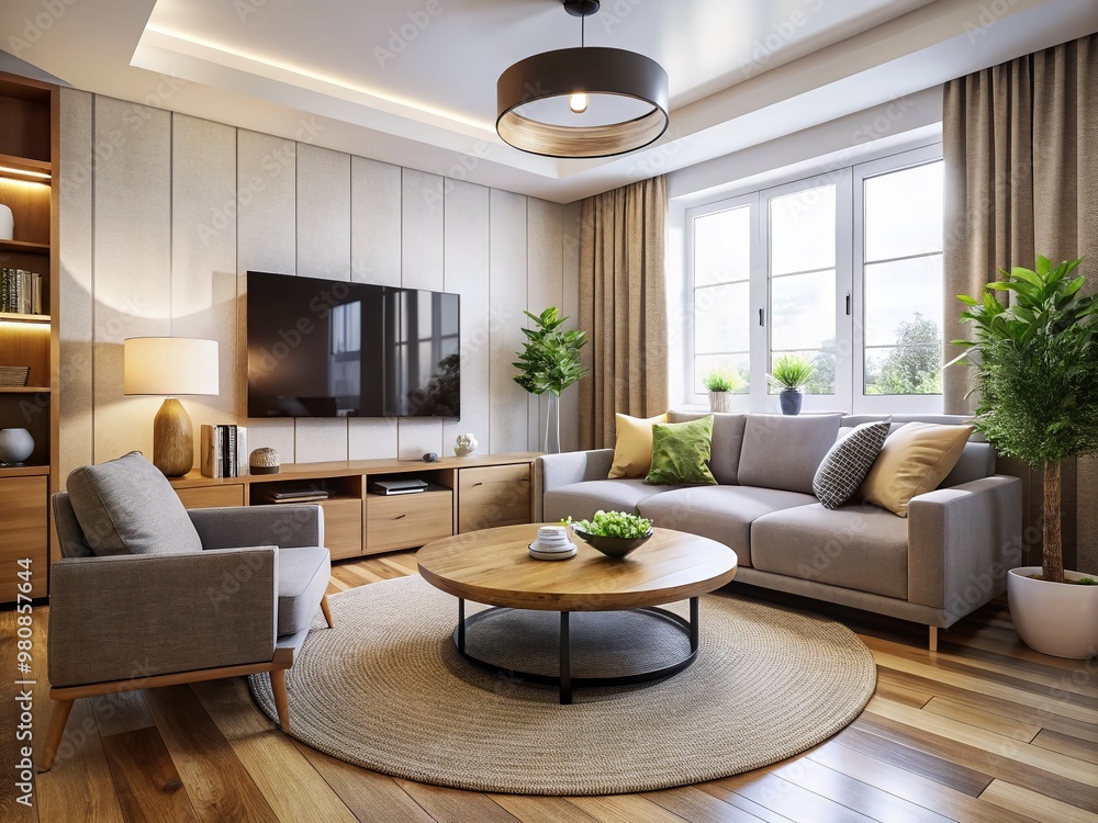 Cozy small living room setup with sleek sectional sofa, round coffee table, and modern TV stand, perfectly balanced Cozy small living room setup with sleek sectional sofa, round coffee table, and modern TV stand, perfectly balanced