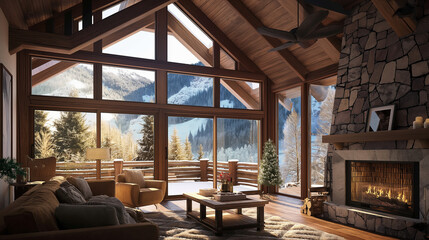 Cozy mountain cabin interior with stone fireplace for virtual meeting backgrounds