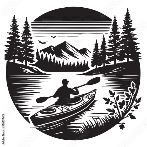  Kayaking Clipart Design - Touring kayak vector illustration in black and white