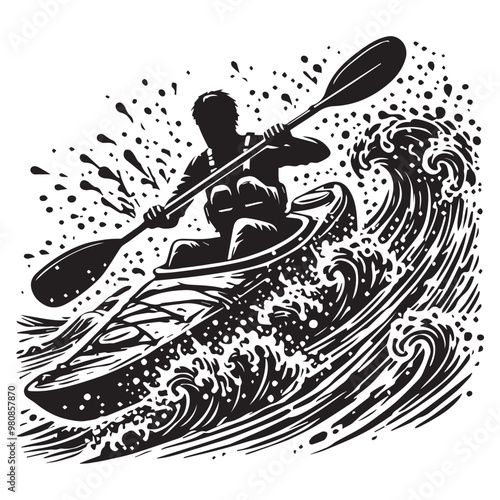  Kayaking Clipart Design - Touring kayak vector illustration in black and white