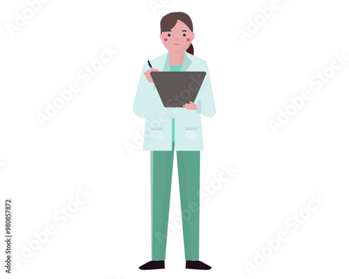 診察をする白衣を着た医者の女性。カルテを書く医師。ベクターイラスト