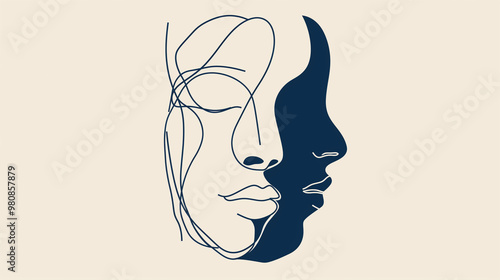 A minimalistic line drawing of an abstract face, using lines and shapes to create the outline of the head.