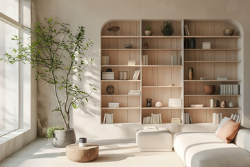 Minimalistic conference room featuring wood shelves against a terracotta wall for virtual professional settings
