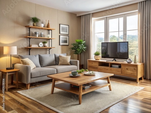 Cozy three-room living space featuring affordable furniture, including a sleek sofa, wooden coffee table, and modern TV