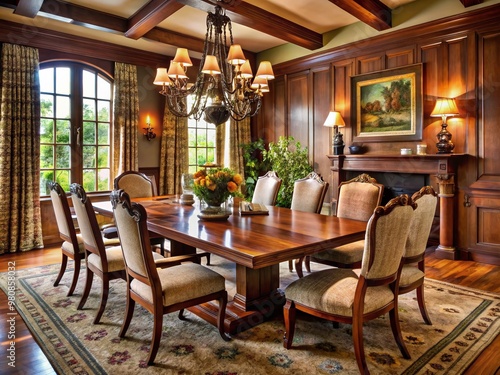 Cozy traditional American dining room with rich wood tones, elegant chandelier, and plush upholstered chairs
