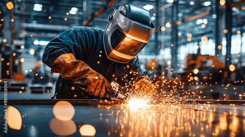 Metal worker in protective gear using grinder to work on steel structure in factory, creating sparks