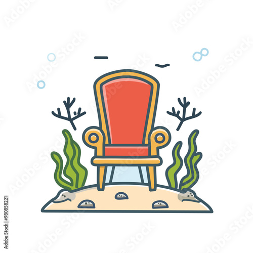 A throne underwater with seaweed and coral reefs vector art illustration design. 