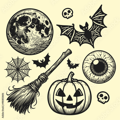 Halloween collection with a moon, bat, pumpkin, broomstick, spider web and creepy eyeball and little skull elements vector sketch set