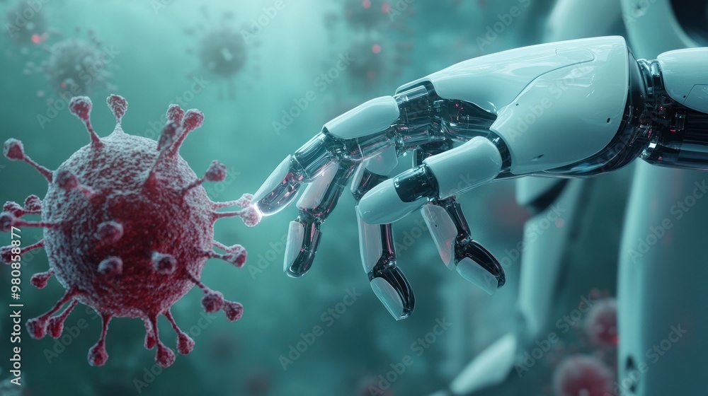 Robot hand delicately examining a virus particle Robot hand delicately examining a virus particle