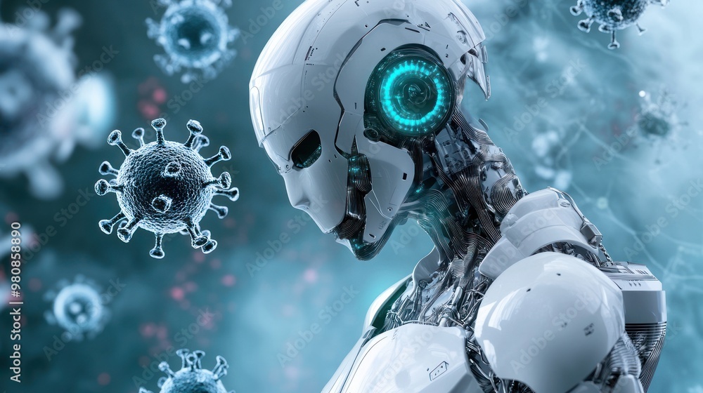 Robot in high-tech environment with floating virus particles Robot in high-tech environment with floating virus particles