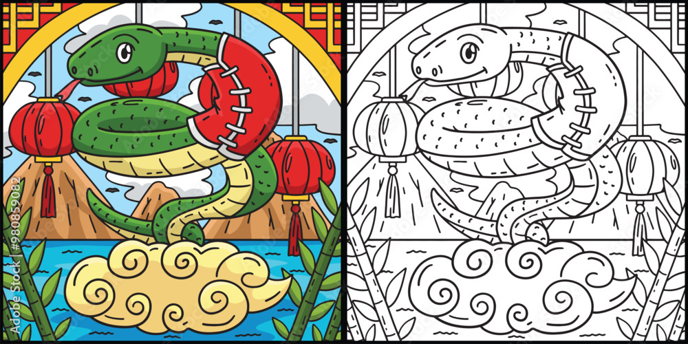 Year of the Snake on Clouds Coloring Illustration Year of the Snake on Clouds Coloring Illustration