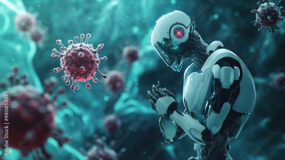 Robot meditating among artificial virus particles. Robot meditating among artificial virus particles.
