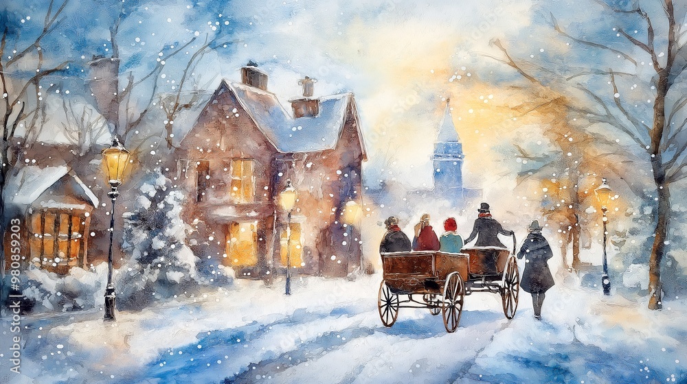 Horse Drawn Carriage Ride Snowy Winter Street Horse Drawn Carriage Ride Snowy Winter Street