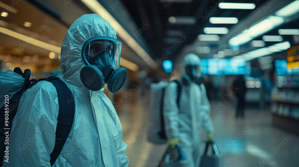 Sanitation worker in full hazmat gear and gas mask is decontaminating a public facility Sanitation worker in full hazmat gear and gas mask is decontaminating a public facility