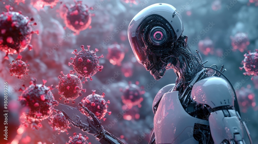 Fototapeta premium Robot interacting with virus particles in close view