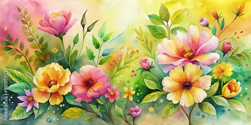 Vibrant watercolor ink painting featuring bright spring flowers and leaves in shades of yellow, pink, and green, set against a soft, abstract background.