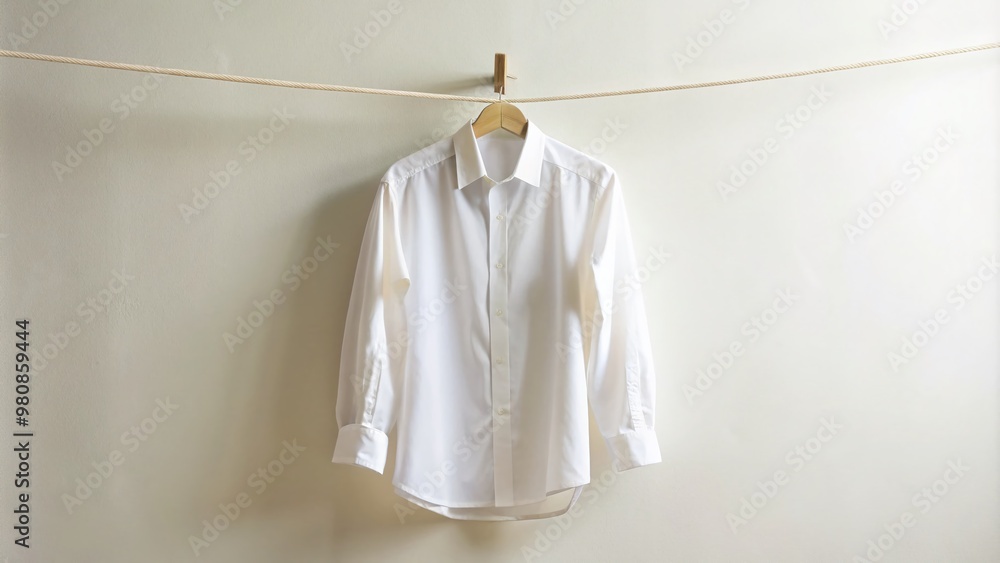Crisp, freshly ironed blank white shirt hangs on a minimalist clothesline, radiating simplicity and elegance against a Crisp, freshly ironed blank white shirt hangs on a minimalist clothesline, radiating simplicity and elegance against a